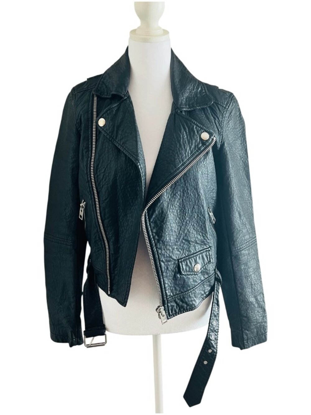American Eagle Black Vegan Leather Moto Jacket with Belt - Size Small